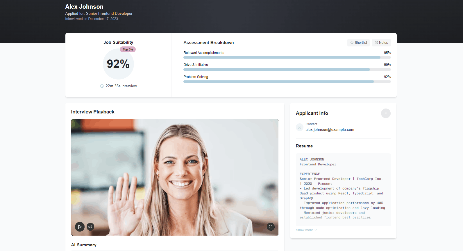 Valitron AI interview dashboard showing candidate assessment